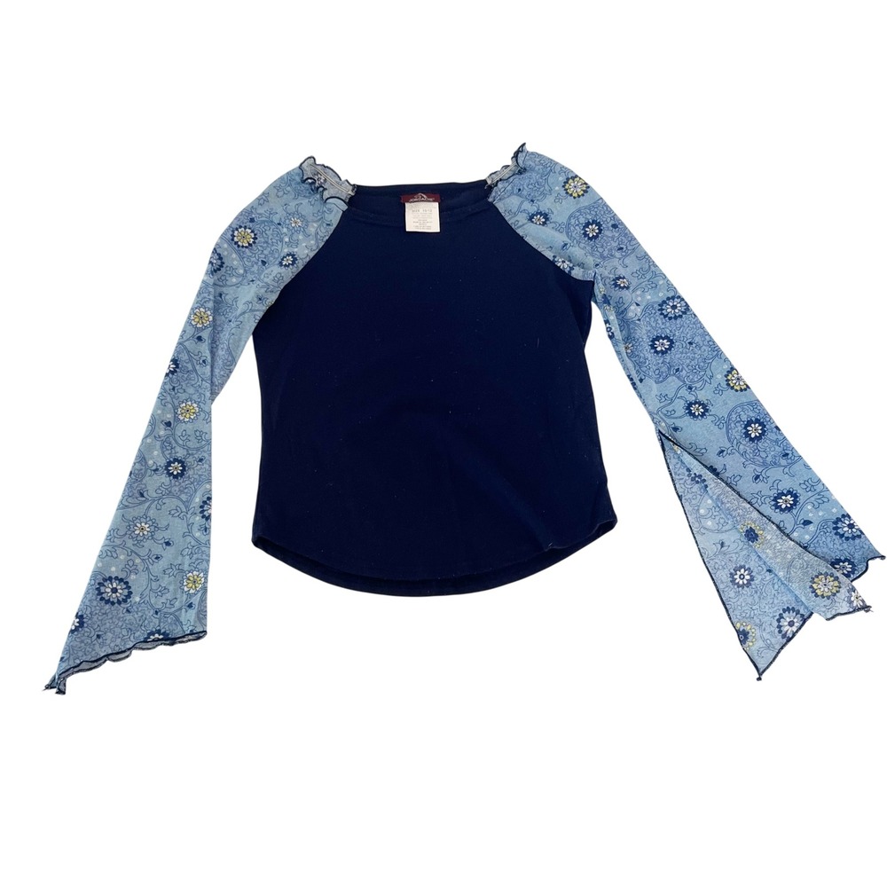 Y2K Jordache Girls Large Navy Boho Paisley Slit Bell Sleeve Top Fits Womens XS